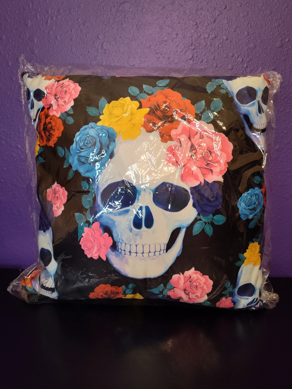 Skull & Floral Decorative Pillow — Black with Multicolor Roses